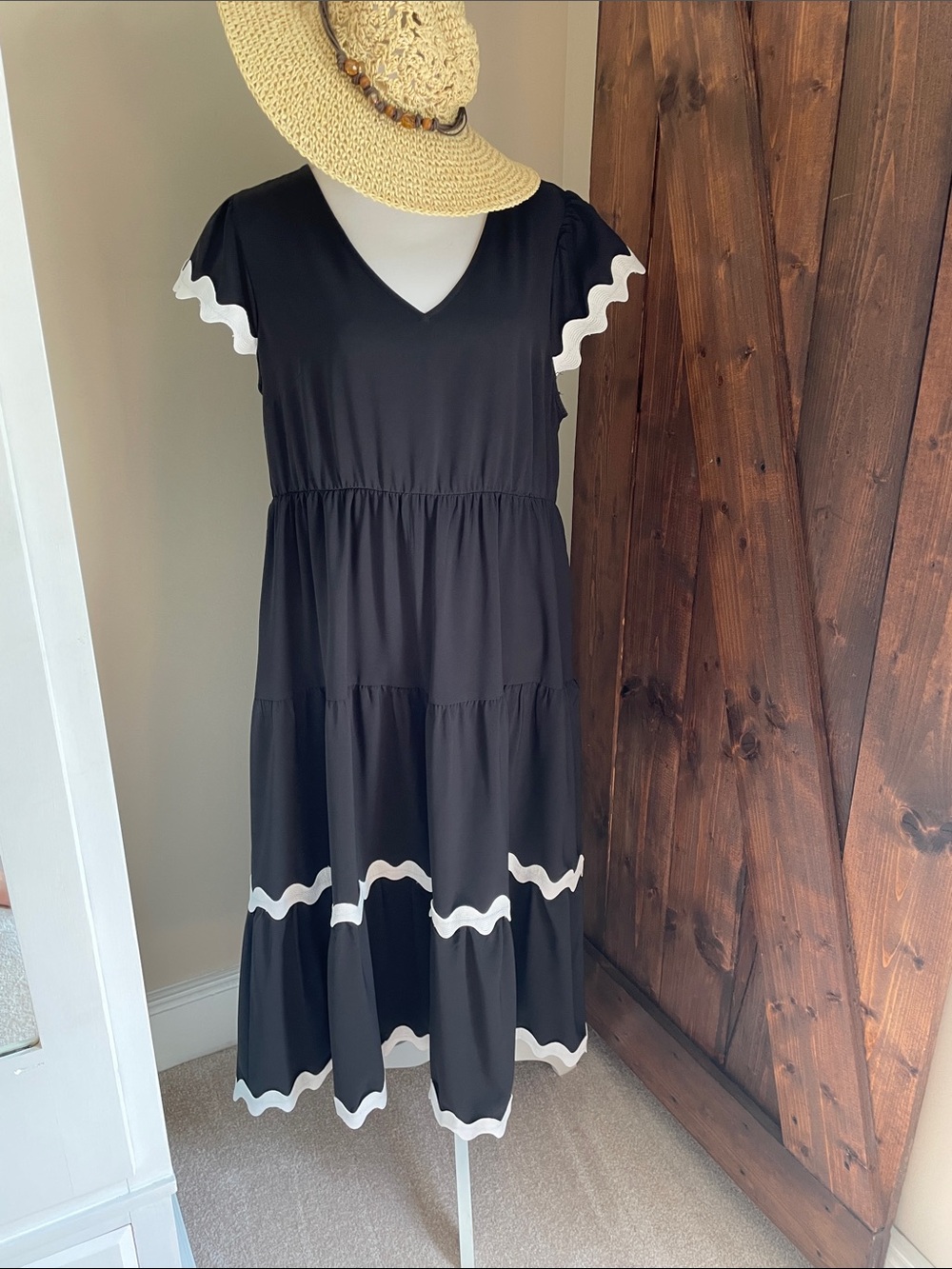 Black Midi Tiered V-Neck Dress with Fun Rick Rack Trim